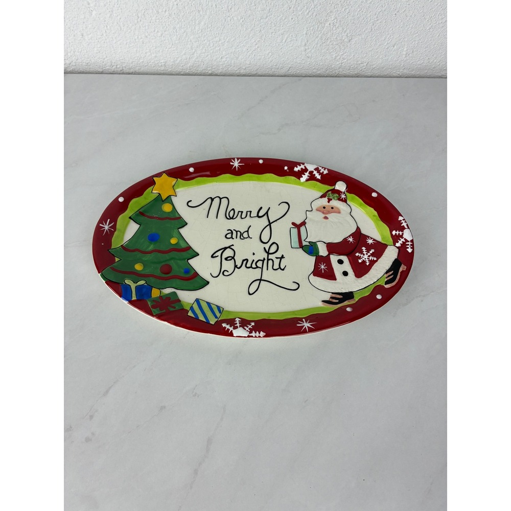 Fitz and Floyd Red Merry & Bright Oval Ceramic Santa Christmas Serving Platter